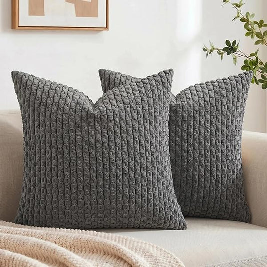 Fancy Homi 2 Packs Dark Gray Euro Decorative Throw Pillow Covers 26x26 Inch for Living Room Couch Bed Sofa, Rustic Farmhouse Boho Home Decor, Soft Striped Corduroy Grey Square Cushion Case 66x66 cm