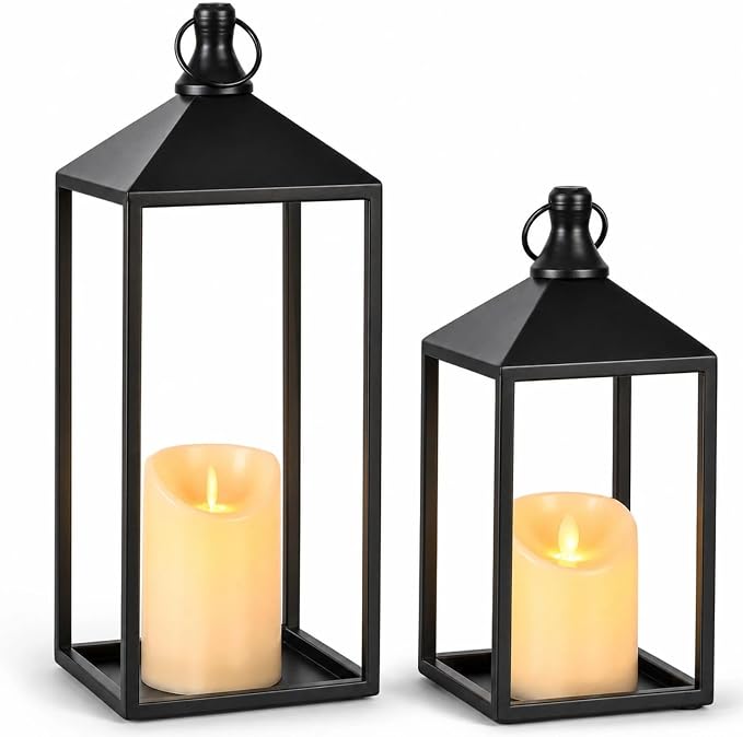 2 Pcs Black Decorative Metal Lanterns Farmhouse Lantern Decor with Candles | 15" 11" Outdoor Candle Lanterns for Covered Patio, Porch, Fireplace Mantel, Table Centerpiece, No Glass Lantern Decor