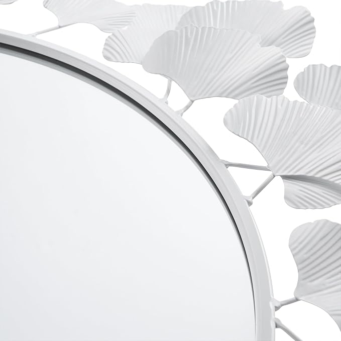 Martha Stewart Wall Décor Large Gingko Leaf Round Wall Mirror for Living Room, Iron Metal Plate Frame Antique Finish, Ready to Hang Bedroom Decoration, Eden, 30.5", White