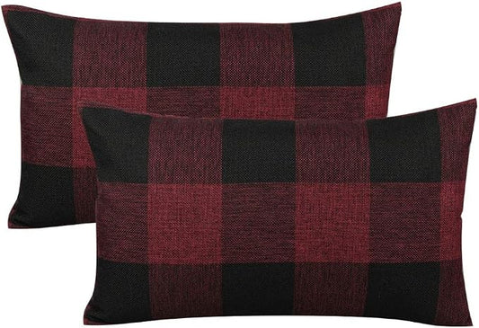 VAKADO 12x20 Inch Pack of 2 Farmhouse Retro Check Plaids Lumbar Throw Pillow Covers Decorative Rectangle Christmas Cushion Cases for Sofa Couch Car, Red and Black