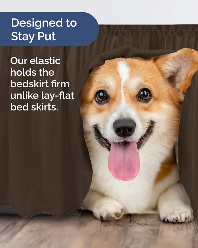 Wrap Around Dust Ruffle Bed Skirt - College Dorm Room - Twin/Twin XL | Brown, 24 Inch Drop, Elastic Strap & Adjustable Pleated Bedskirt, Wrinkle & Fade Free, for Women, Men, Students, Kids & Teens