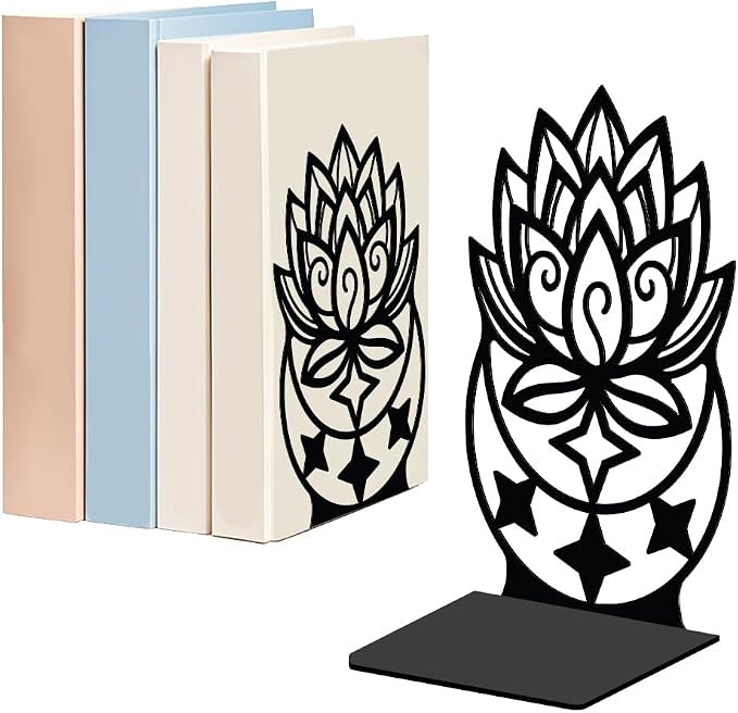 WADORN Lotus Moon Metal Decorative Bookend for Shelves 1 Pair, Heavy Duty Book Ends Unique Non-Skid Books Holder Stand Black Book Support Stoppers for Desk Bookshelf Office Home, 5.3x4.3x7.9 Inches