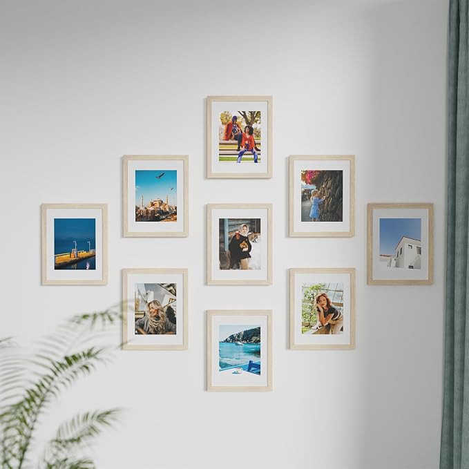 Vittanly 11x14 Picture Frames Set of 9, Shatter Resistant Plexiglass, Display 8x10 Pictures with Mat or 11x14 without Mat, Photo Frames for Wall or Tabletop, Engineered Wood, OAK | Display Pictures 8x10 with Mat or 11x14 without Mat, Engineered Wood wi...