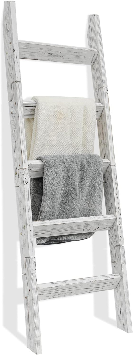 FUIN Blanket Ladder, 5ft Angled rungs Rustic Solid Wood Decor Rack, White | 5 rungs, farmhouse quilt display holder, organize towel, leaning wall, bathroom and living room use, knocked down side rail