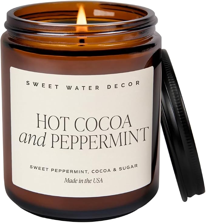 Sweet Water Decor Hot Cocoa & Peppermint Holiday Candle, 9oz Glass Jar | Sweet Peppermint, Cocoa & Sugar Scented Soy Wax Candle, Christmas Home Fragrance, Stocking Stuffer, 40+ Hour Burn Time