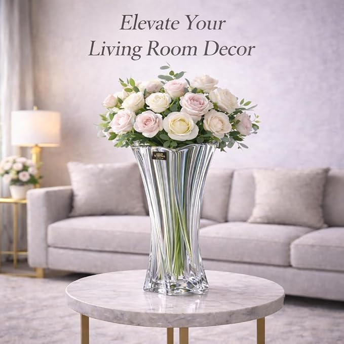 Crystal Glass Vase – Heavy Crystal Vase for Flowers with Weighted Bottom, Thick Durable Decorative Vases for Modern Home Decor, 9.8″ 3.5lb Clear Centerpiece (Rainbow-Colored)