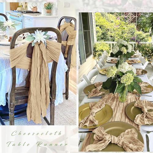 12 Pack Beige Cheesecloth Table Runner 17 x 108 Inch Gauze Table Runner Fabric Semi Sheer Cheese Cloth Table Decoration Bulk for Rustic Romantic Wedding Baby Shower Table Decoration