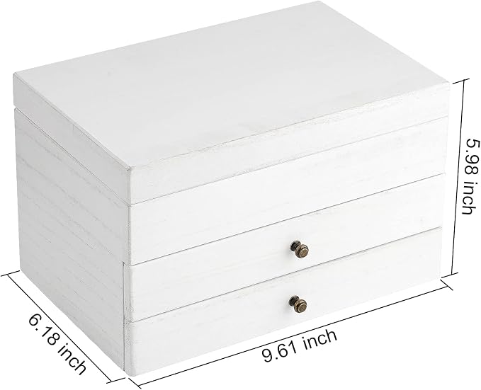 Meangood Jewelry Box Organizer for Women, 3 Layer Large Jewelry Storage Case, Rustic Wooden Jewelry Box with Mirror & Ring Tray for Necklace Earring Bracelets Rings, Vintage Style (White)