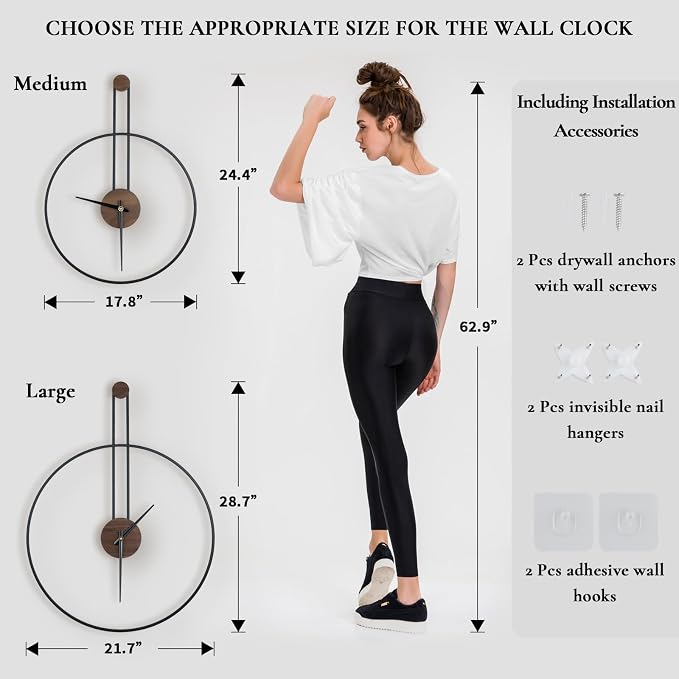 DRELIFAM Modern Wall Clock Large Wall Clocks with Walnut Dial Silent Non-Ticking for Living Room Home Decor Bedroom Kitchen Office 17.8''× 24.4'' (Black, Medium)