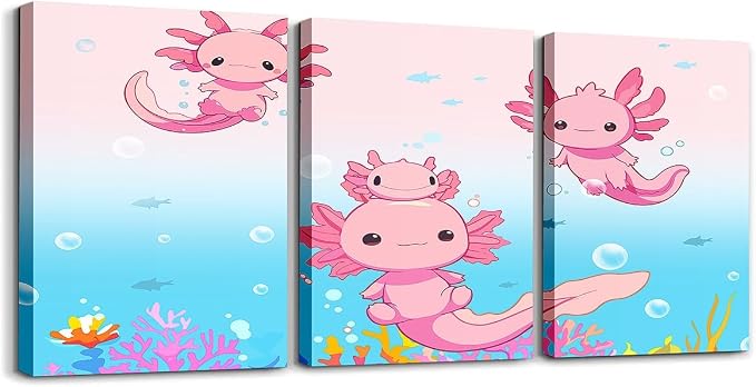 Feelyou Boys Girls Cute Axolotl Picture Wall Decor Ocean Sealife Canvas Wall Art for Living Room Bedroom Kids Cartoon Salamander Wall Painting Posters and Prints Kawaii Teens Wall Art 12"x16"x 3Pcs