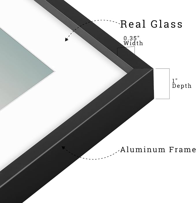 Frametory 8x10 Black Aluminum Metal Picture Frame Mat for 5x7 Glass