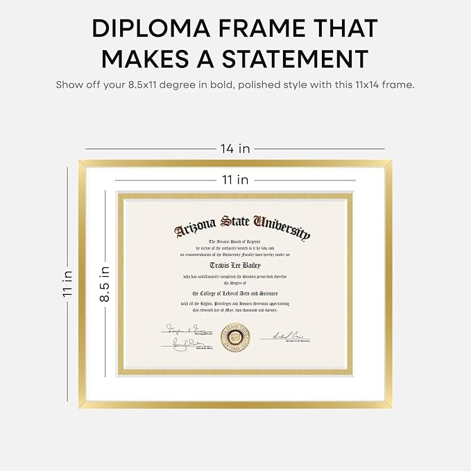 Homeforia 11x14 Gold Diploma Frame, High-End Metal, 8.5x11 Mat, Glass