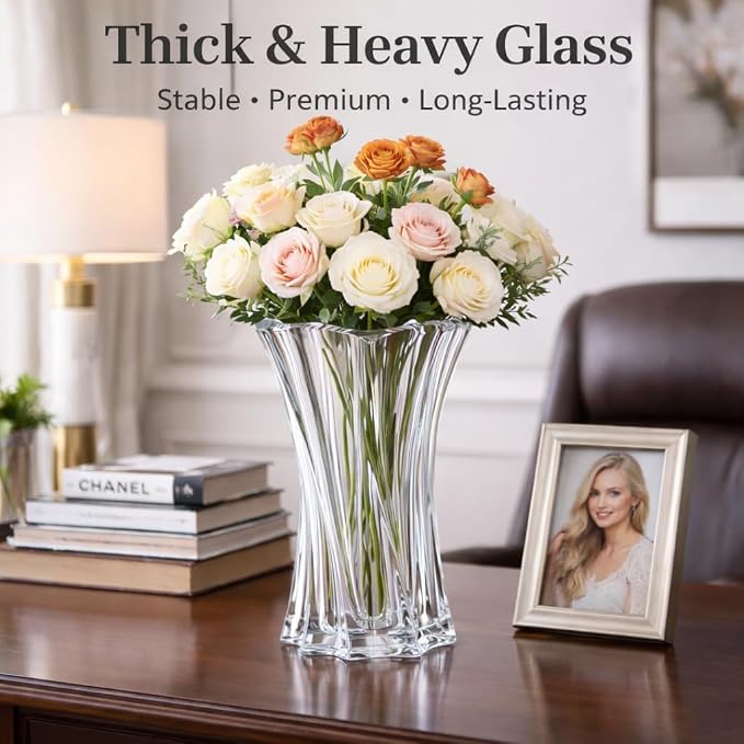 Crystal Glass Vase – Heavy Crystal Vase for Flowers with Weighted Bottom, Thick Durable Decorative Vases for Modern Home Decor, 9.8″ 3.5lb Clear Centerpiece (Rainbow-Colored)