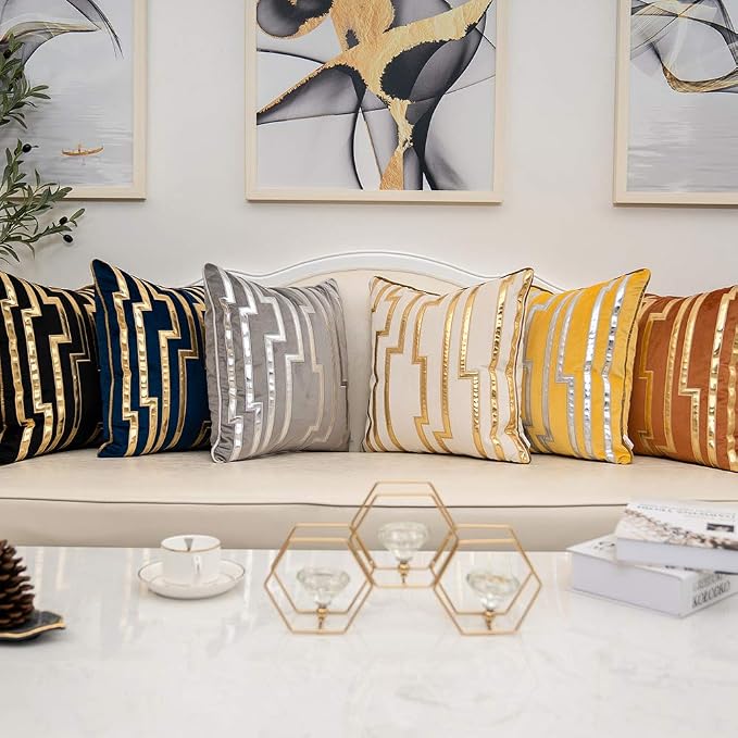 Alerfa Gold Leather Striped Gray Throw Pillow Cover 20x20 Inch, Geometric Luxury Decorative Embroidered Velvet Pillow Cover for Couch Living Room Bedroom