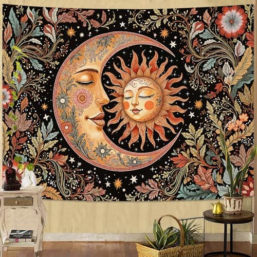 Accnicc Vintage Sun and Moon Tapestry Boho Hippie Floral Wall Tapestry for Bedroom Aesthetic Brown Celestial Spiritual Botanical Plant Small Tapestries Wall Hanging for Living Room Dorm 60 x 44 Inch