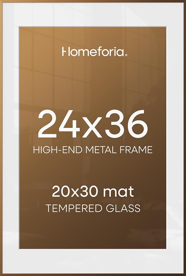 Homeforia 24x36 Bronze Poster Frame, High-End Metal, 20x30 Mat, Glass