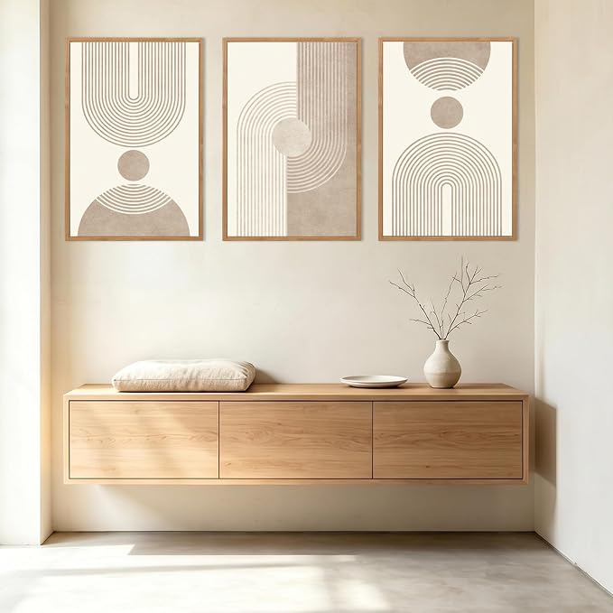 BINCUE Beige Neutral Canvas Wall Art Framed Geometric Abstract Wall Decor Mid Century Modern Artwork Wall Decor for Living Room Bedroom Office 16"x24" Set 3 Gift