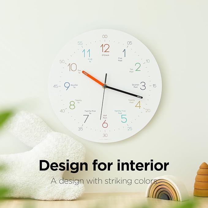 mooas Easy Learning Flatwood Wall Clock,12" Wood Clock | Non-Ticking Sweep Movement Decorative Clock Battery Operated Wall Clock for Home Living Room Bedroom School
