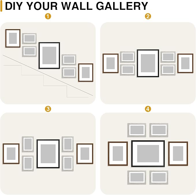 decorUhome 7 Pack Assorted Picture Frame Set for Wall & Tabletop, P0707MT | Black / Brown / Grey, Multi Size Picture Frame Includes One 11x14 / Two 8x10 / Four 5x7 for Family Gallery Wall