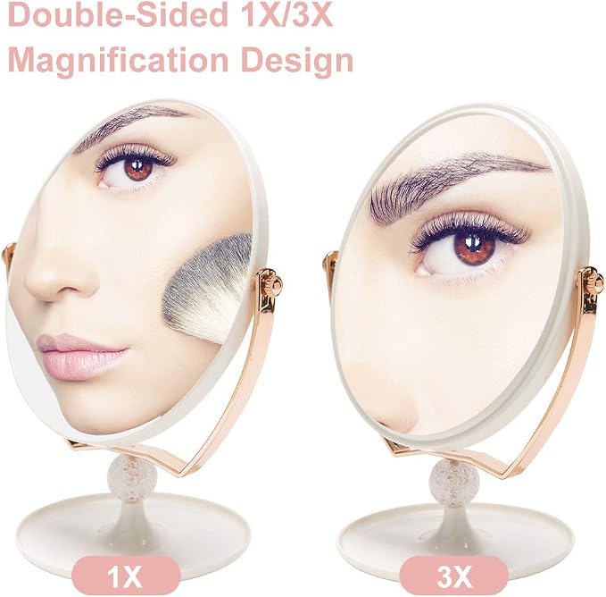 YEAKE Magnifying Makeup Vanity Mirror,ABS Plastic Double Sided 3X Magnification 360°Swivel Beauty Make Up Mirror Cosmetic Table Desk Mirror 8" Oval