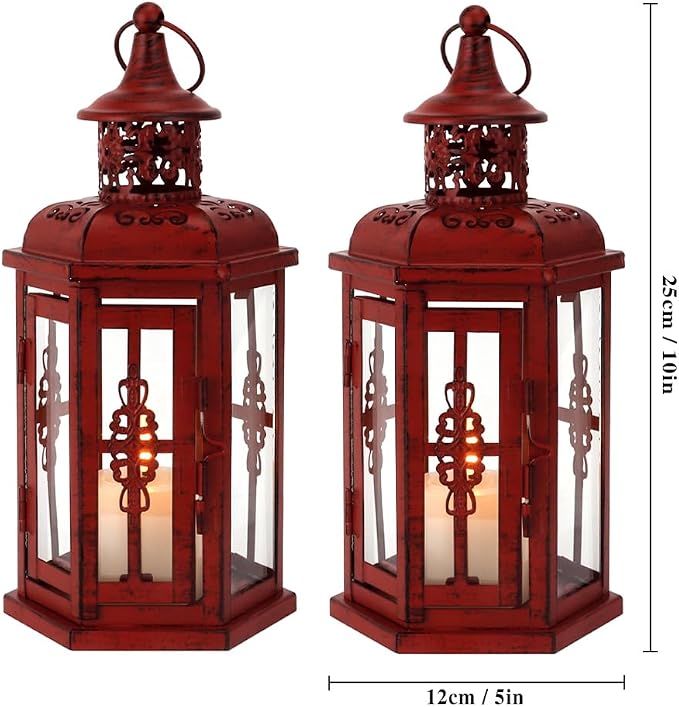 JHY DESIGN Set of 2 Decorative Candle Lanterns 10“H Vintage Hanging Lanterns Metal Candleholders for Indoor Outdoor Events Parities Gothic and Halloween (Red with Black Brush)