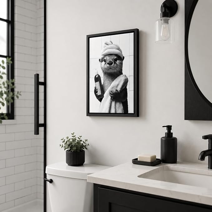 Framed Funny Bathroom Otter Canvas Wall Art Cute Otter Painting Picture Wall Decor Black and White Bathroom Animal Poster Print Artwork for Toilet Restroom Home Decoration 8x10in