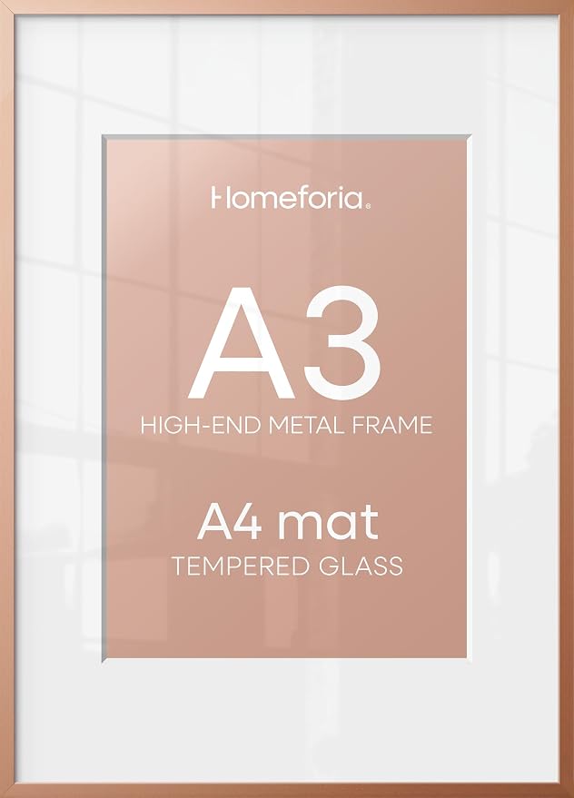 Homeforia A3 Rose Picture Frame, High-End Metal, A4 Mat, Glass