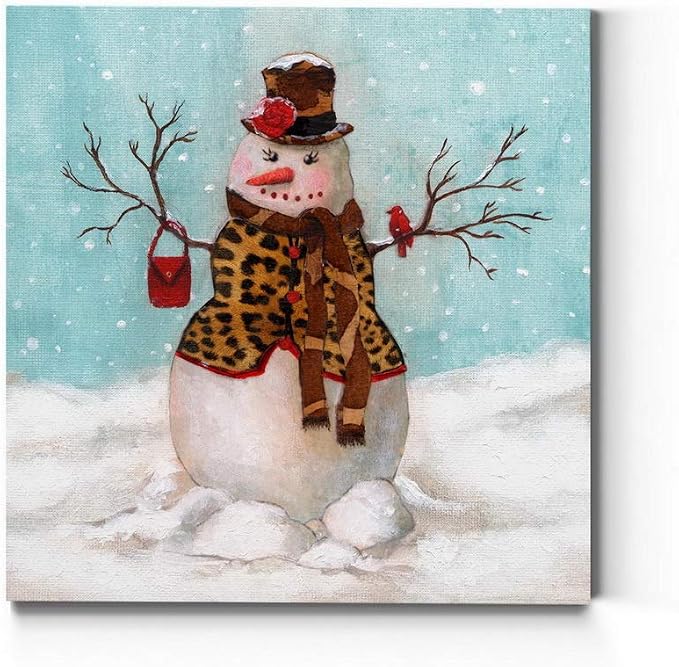 Renditions Gallery Canvas Wall Art Paintings & Prints Snowwoman with Hat & Cardinal in Winter Snow Abstract Hanging Artwork for Bedroom Home Kitchen Wall Decorations - 16"X16" LT05