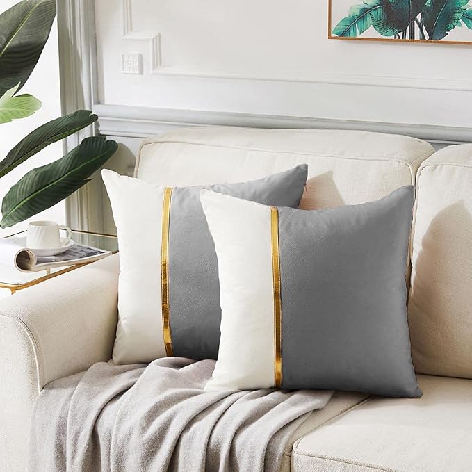 Fancy Homi 2 Packs Grey Decorative Throw Pillow Covers 18x18 Inch for Living Room Couch Bed, Velvet Patchwork with Gold Leather, Luxury Modern Farmhouse Home Decor, Accent Cushion Case 45x45 cm