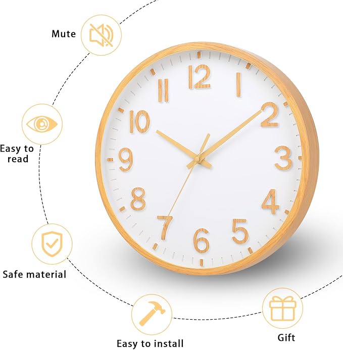 Wall Clocks Battery Operated 10 inch Modern Wall Clock,Silent Non Ticking Wall Clock for Living Room Bedroom Kitchen Office Classroom Decor (Wood Grain Yellow White)