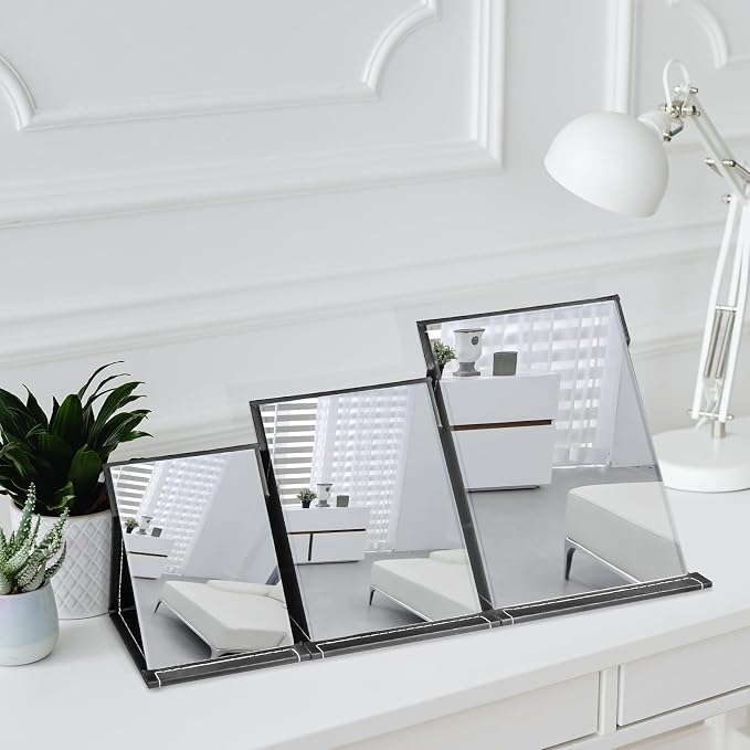 7x10 Inches Makeup Mirror, Portable PU Leather Folding Desktop Vanity Mirror with Adjustable Stand for Vanity Table, Office, Travel (L, Black)