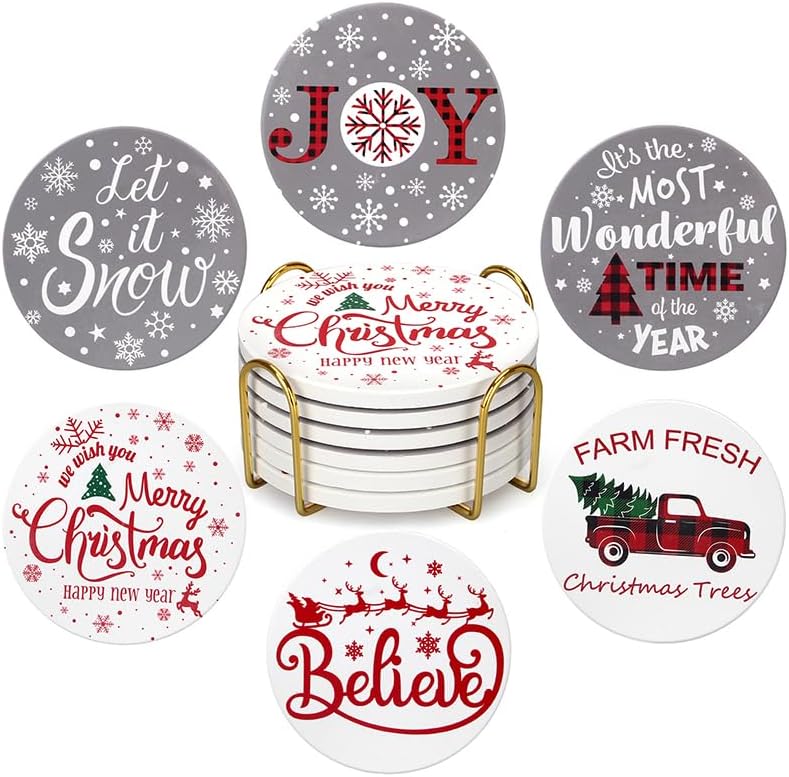 Ceramic Christmas Coasters Set of 6 Absorbent Drink Coaster with Holder
