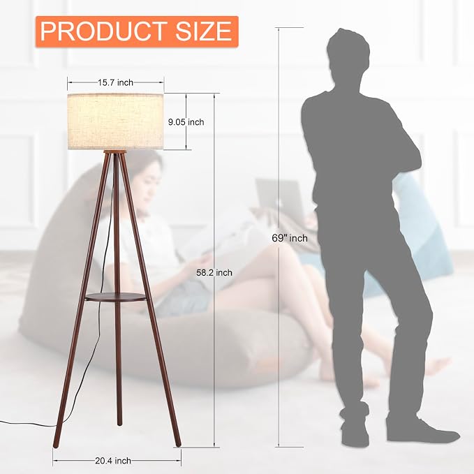 BTP Wood Tripod Floor Lamp for Living Room, 3 Color Temparature LED Bulb Included, Mid Century Modern Wooden Shelf Floor lamp with Linen Shade for Bedroom, Office, Walnut Wood Color