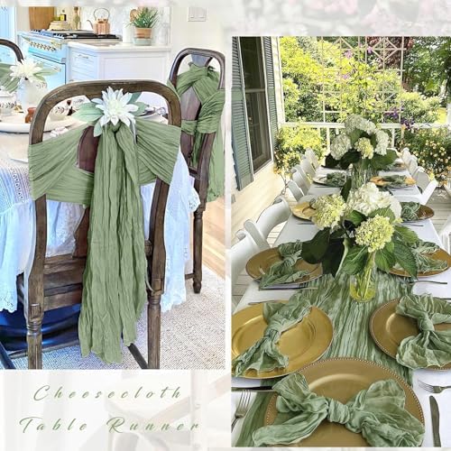 12 Pack Sage Green Cheesecloth Table Runner 17 x 108 Inch Gauze Table Runner Fabric Semi Sheer Cheese Cloth Table Decor Bulk for Rustic Romantic Wedding Baby Shower Table Decoration