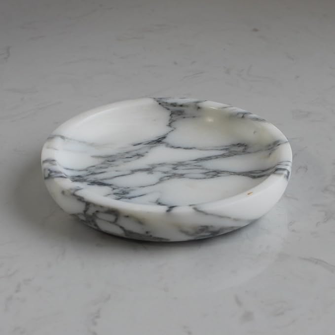 Nawgnail Natural Travertine Marble Jewelry Dish 5.5",Trinket Dish for Ring Earring, Gift for Woman Daugther(Arabescato Calacatta)