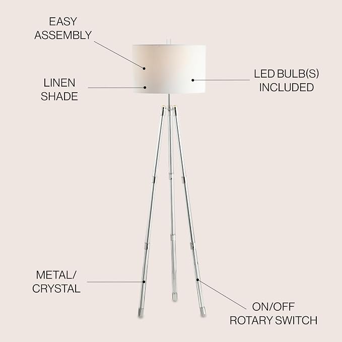 JONATHAN Y Arliss 60" Surveyor's Tripod Metal/Crystal Floor Lamp, Chrome