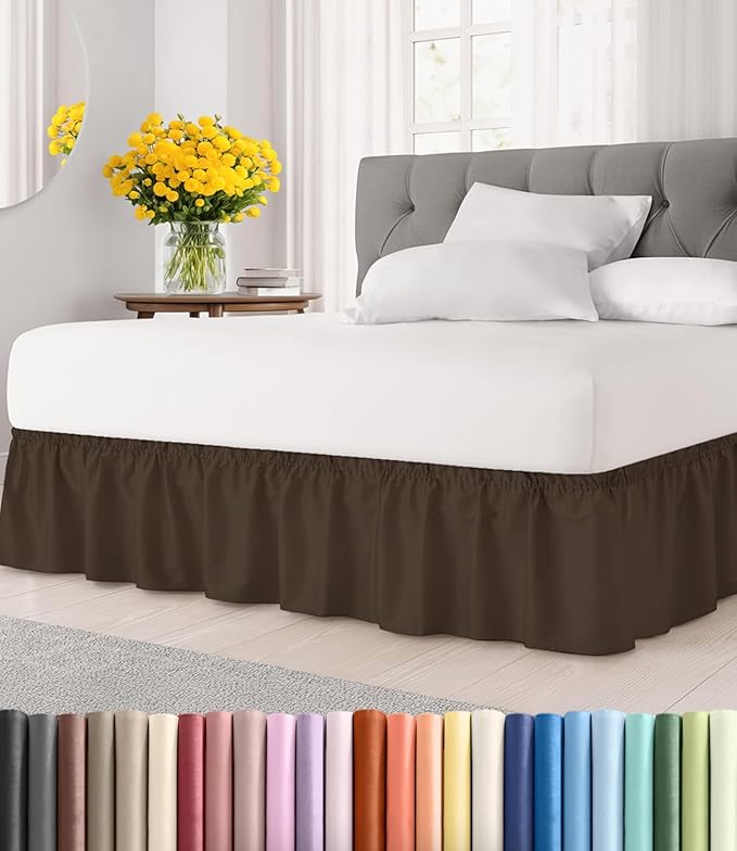 Wrap Around Dust Ruffle Bed Skirt, King Size Beds - 18 Inch Drop, Brown | Easy Fit Elastic Strap, Adjustable Pleated Bedskirt w/Brushed Fabric, Wrinkle & Fade Free, for Women, Men, Kids & Teens