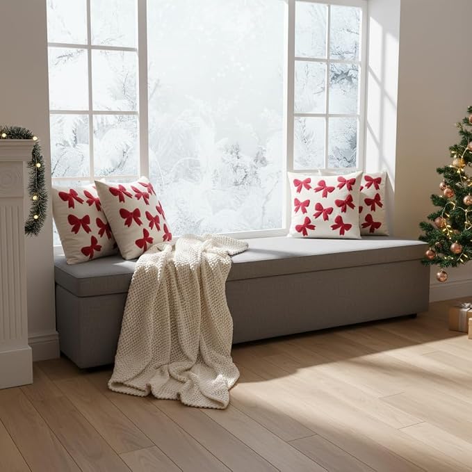 Christmas Throw Pillow Covers 18x18 inch Set of 2 Red Bows
