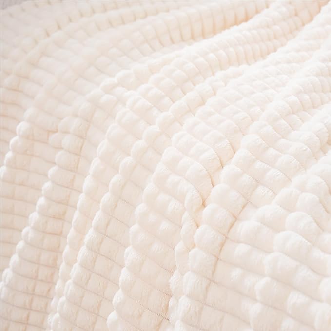 Puncuntex Fleece Throw Blanket Cream White 60"×80" with Square Grid Design | Super Soft Plush Cozy Flannel Throw Blanket Luxury for Couch Sofa Chair