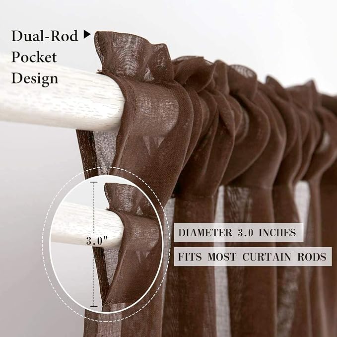 MIULEE Chocolate Brown Linen Textured Semi-Sheer Curtains 54W×96L 2 Panels | Semi Transparent, Farmhouse, Window Net Panels with Rod Pocket for Bedroom Living Room