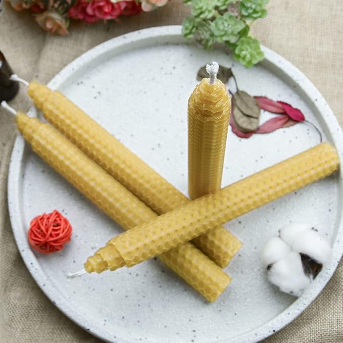 DEYBBY Yellow 8 inch Natural Beeswax Honeycomb Rolled Candles Set of 6