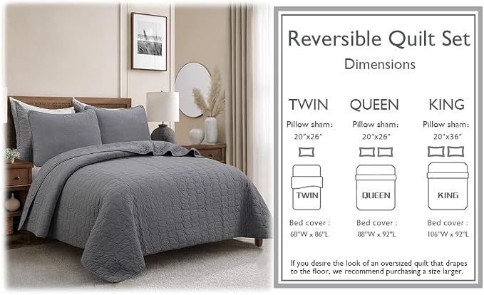 Cozy Line Home Fashions 100% Cotton Quilt Set – 3-Piece Charcoal Gray Solid Classic Modern Geometric Quilted Bedspread with Shams, Lightweight All Season Modern Bedding (Hexagon Gray, King)