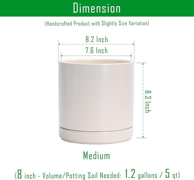 D'vine Dev 8.2 Inch Ceramic Planter Pot, Oatmeal, 94-O-D-8 | Modern Cylinder Design, Drainage Hole & Saucer Included, Stable Structure, Elegant Home Accent