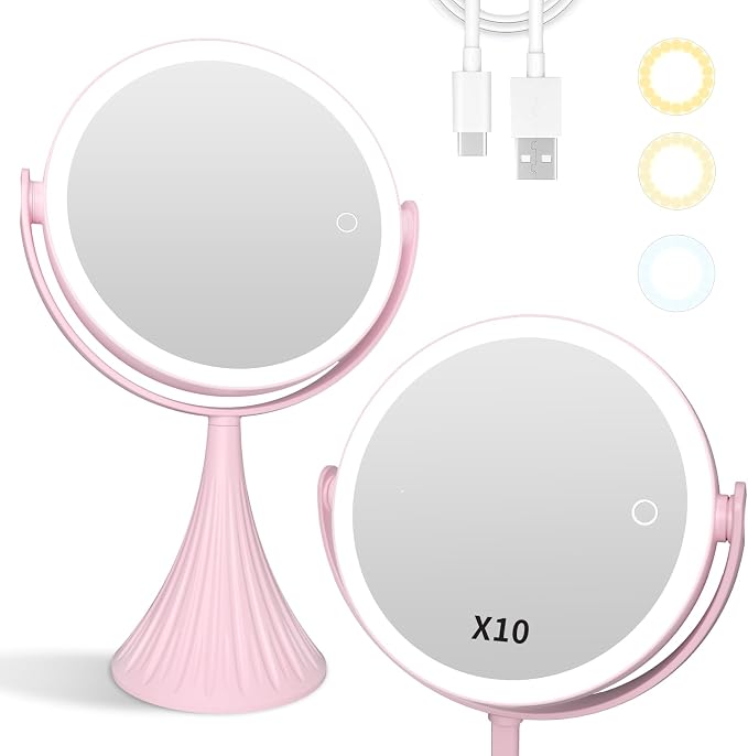 LED Vanity Mirror with Lights, 7.6" Double Sided Makeup Mirror, 1X/10X Magnifying Mirror with 3 Color Lighting Modes, Dimmable Touch Control, 360° Rotation, Rechargeable Vanity Mirror for Bedroom,Dorm