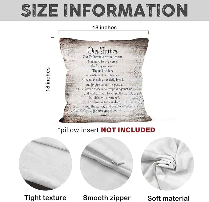 Vintage Christian Bible Verse Lords Our Father Prayer Throw Pillow Covers 18x18, Rustic Scripture Decor Pillow Case for Farmhouse Bedroom Living Room, Religious Pillowcase for Couch