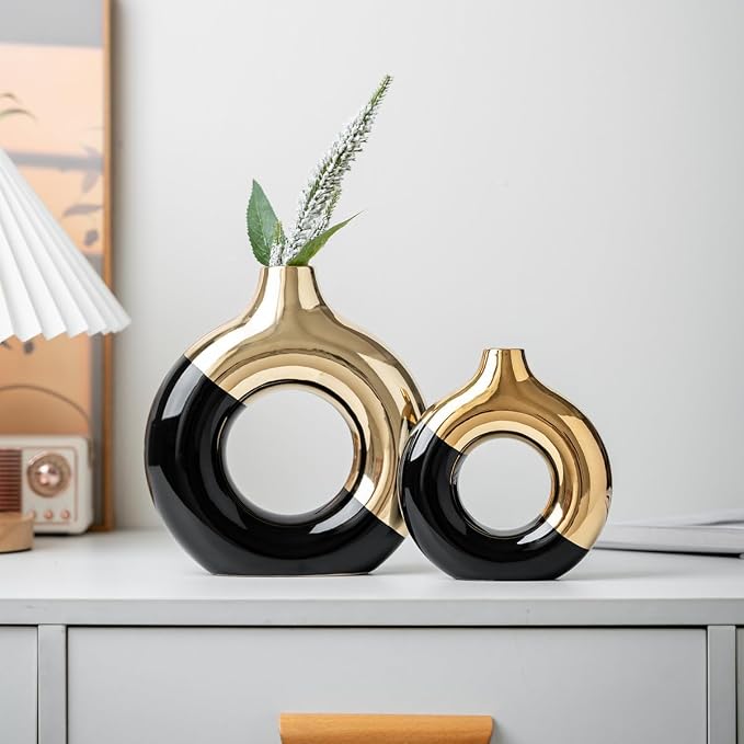 White and Gold Donut Vase, Modern Ceramic Vase for Pampas Grass, Perfect Centerpiece for Weddings, Living Room, and Office Decor (Black Gold, S)