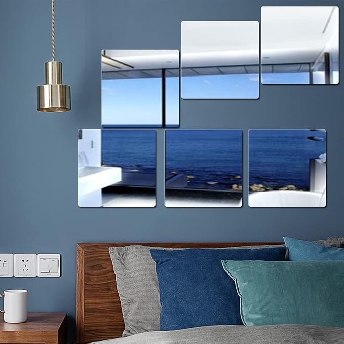 Acrylic Mirror Tiles, 12x12 in Shatterproof Wall Mirrors, 6 Pack | Flexible Acrylic, Adhesive Foam Tapes Included, for Bedroom Doors, Closets, Gym, Dorm, and DIY Wall Decor