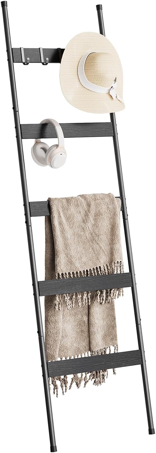 ELYKEN Blanket Ladder, 5-Tier Towel Rack, Wall-Leaning Quilt Holder | Wood Display Stand with 4 Hooks, Decorative Rack Shelf for Living Room, BedRoom, Bathroom, Black