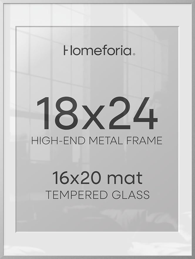 Homeforia 18x24 Silver Poster Frame, High-End Metal, 16x20 Mat, Glass