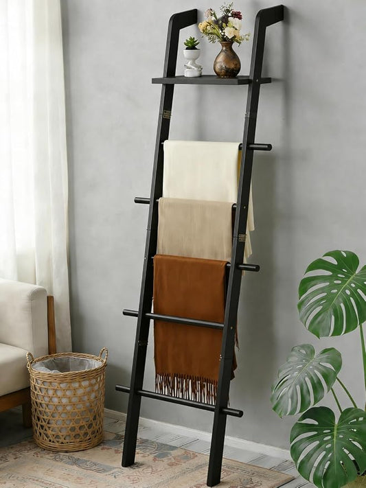 Taozun Black Blanket Ladder with Shelf for Living Room, 67-Inch Wooden 5-Tier Farmhouse Towels and Quilt Rack Decor - Wall Leaning Display Holder for Blankets and Throws